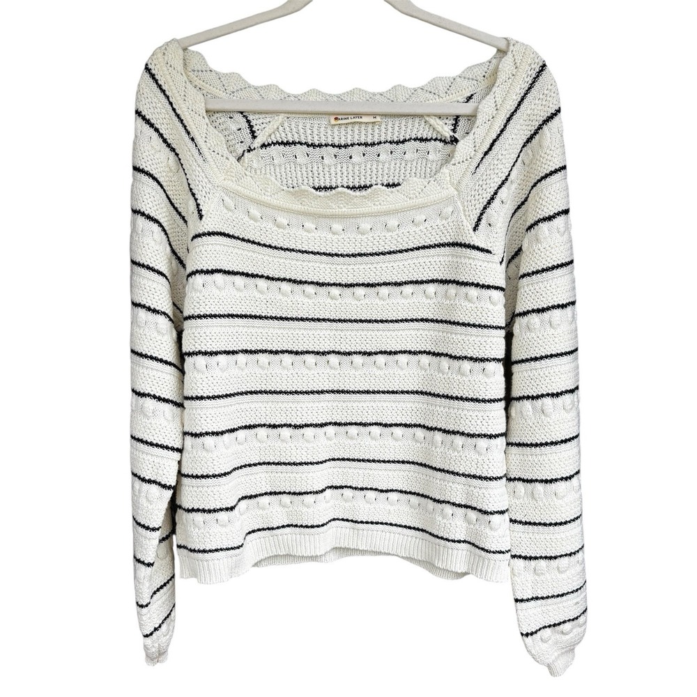 MARINE LAYER Womens Off White Navy Coastal Fisherman Scalloped Sweater M
